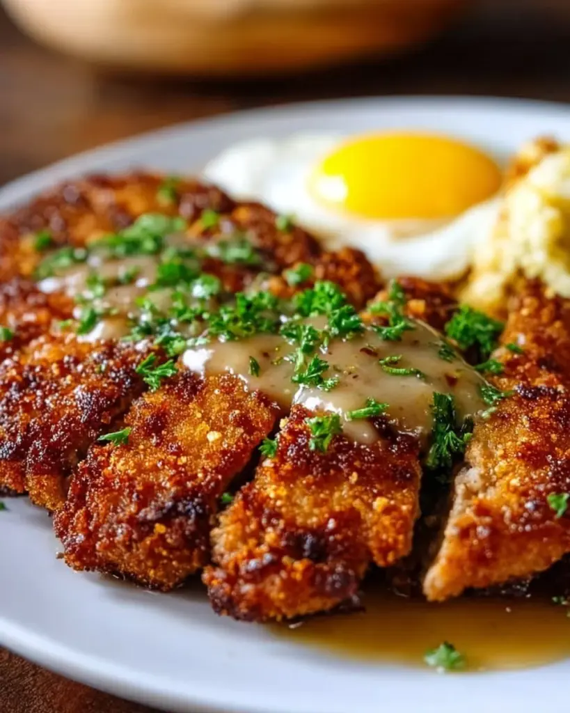Crispy chicken fried steak served with creamy gravy and sides