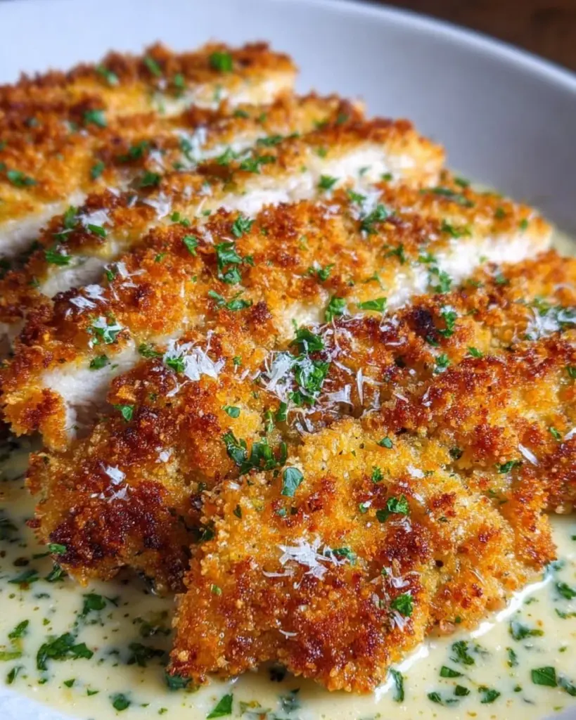 Crispy Parmesan Chicken served with creamy garlic sauce on a plate