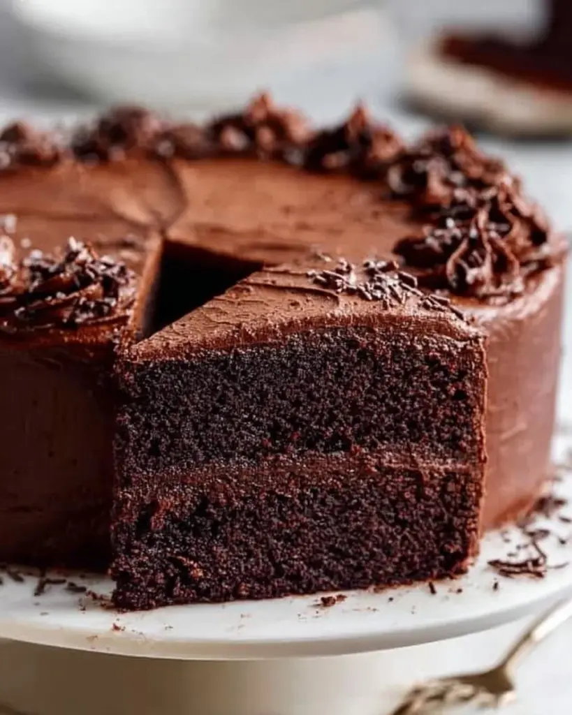 Delicious dark chocolate cake with rich frosting and garnished with chocolate shavings