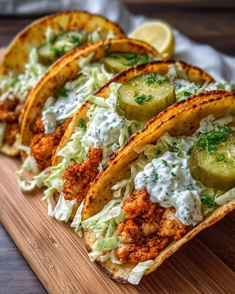 Dill Pickle Ranch Smash Chicken Tacos served on a plate with fresh toppings
