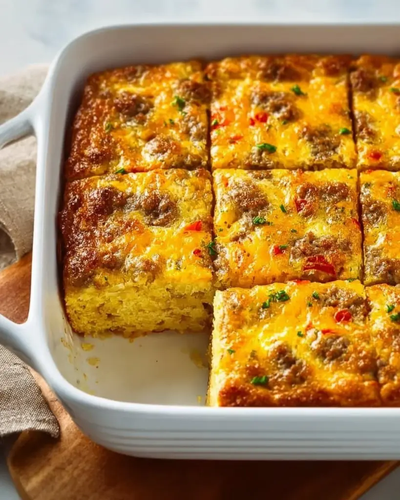 Delicious easy breakfast casserole baked and served on a plate.