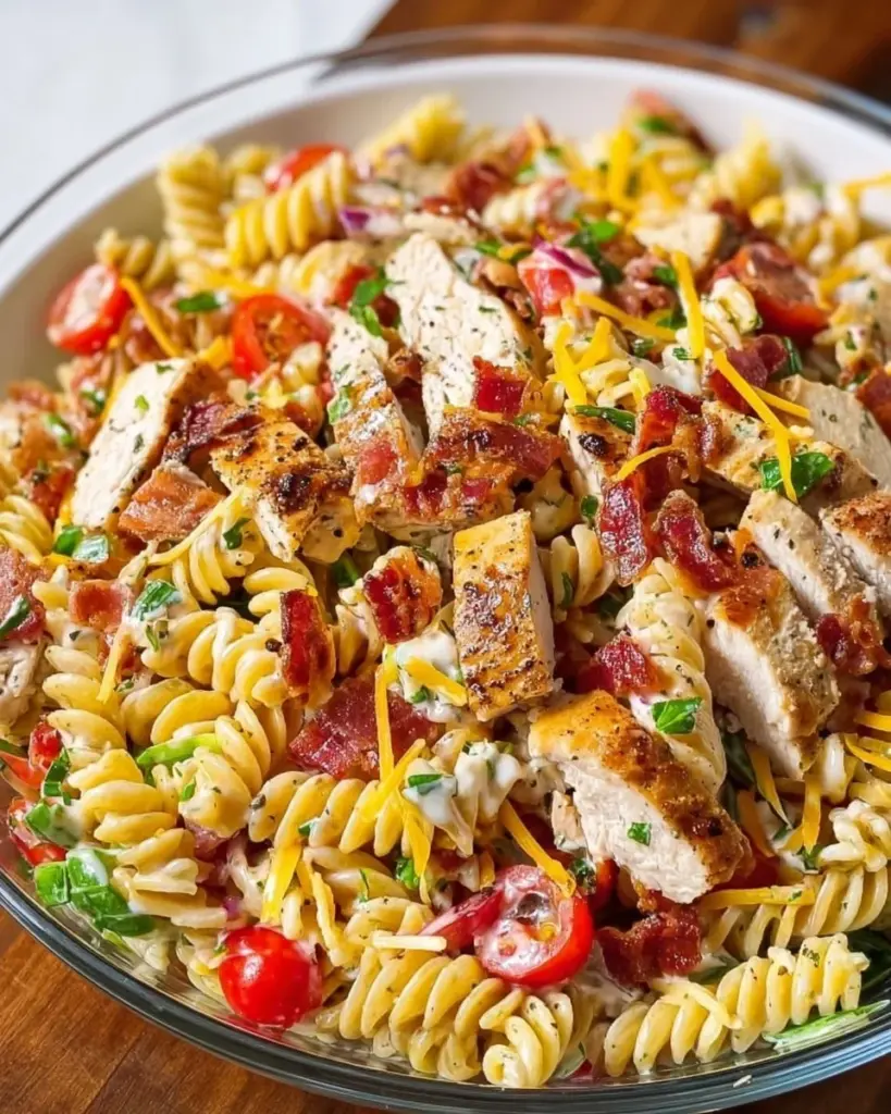 Easy chicken pasta salad with dressing in a bowl garnished with fresh herbs