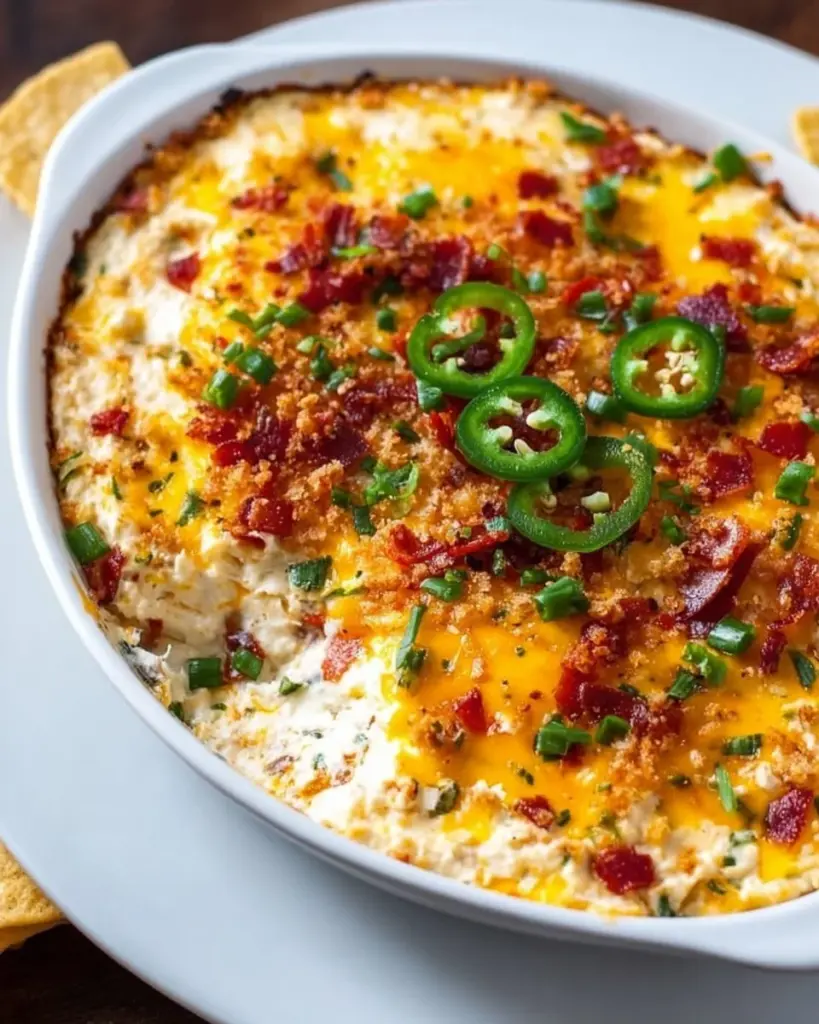 Bowl of easy jalapeno popper dip with cheese and jalapenos