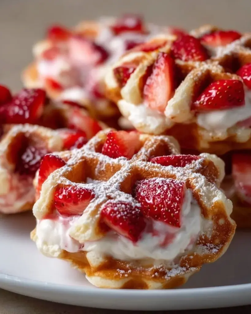 Delicious strawberry cream cheese stuffed waffle bites on a plate
