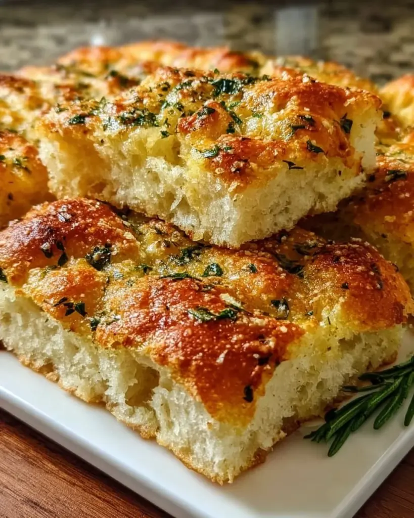 Freshly baked Garlic Parmesan Focaccia bread garnished with herbs