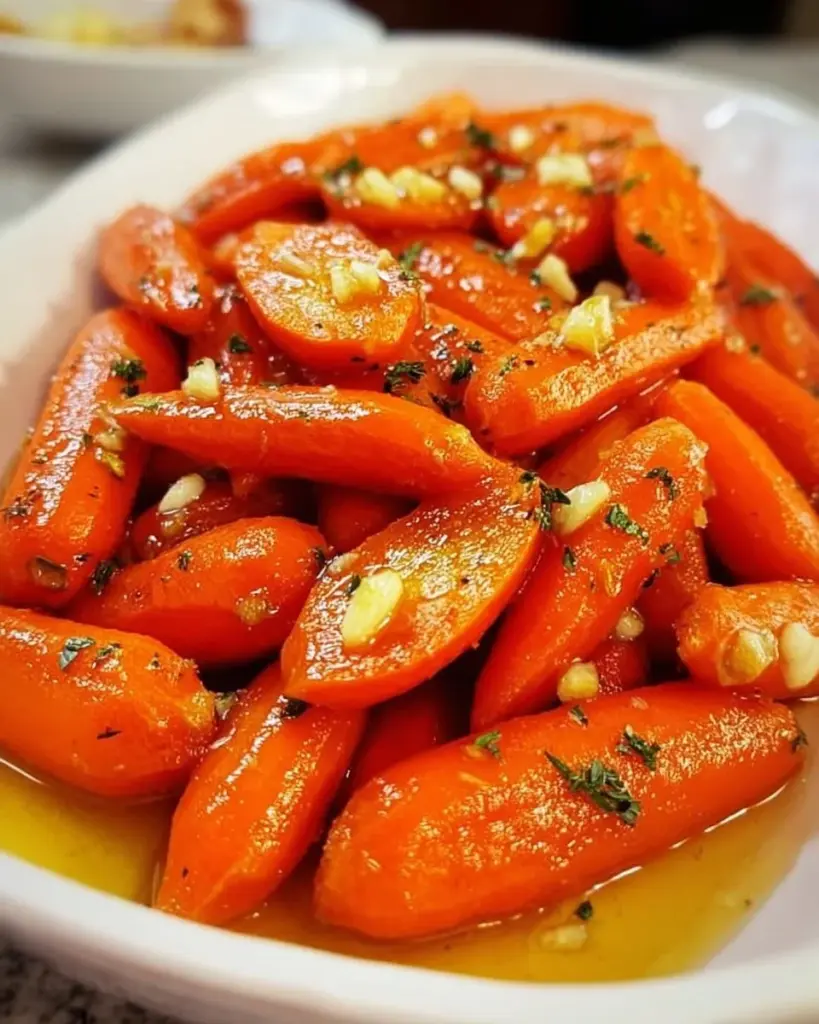 Delicious glazed carrots garnished with herbs in a serving dish