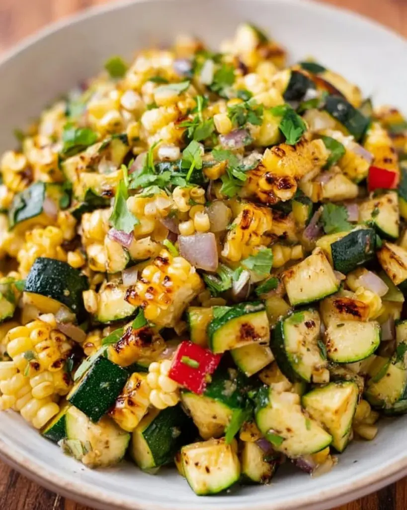 Delicious grilled corn and zucchini salad with fresh herbs and vibrant colors
