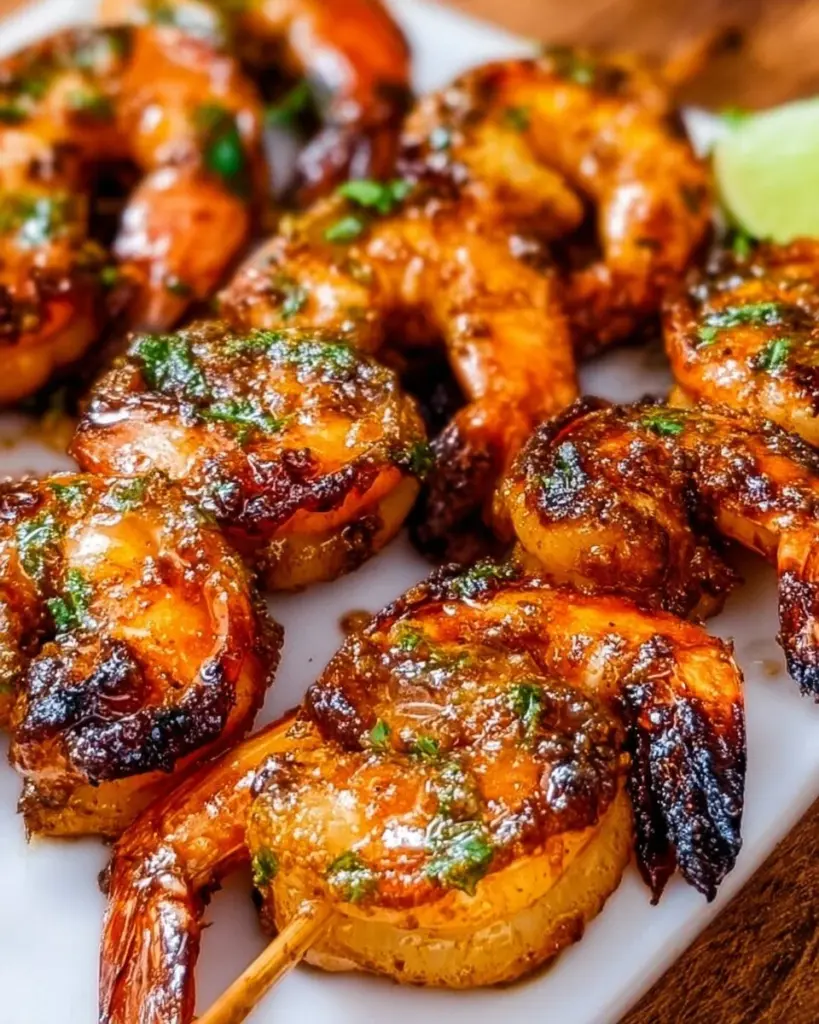 Grilled jerk shrimp skewers on a platter garnished with herbs