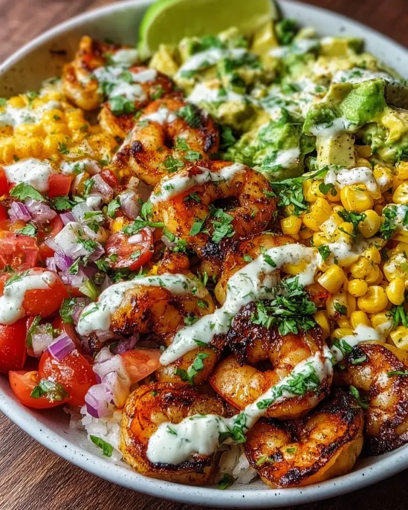 Grilled shrimp bowl with avocado, corn salsa, and creamy garlic sauce
