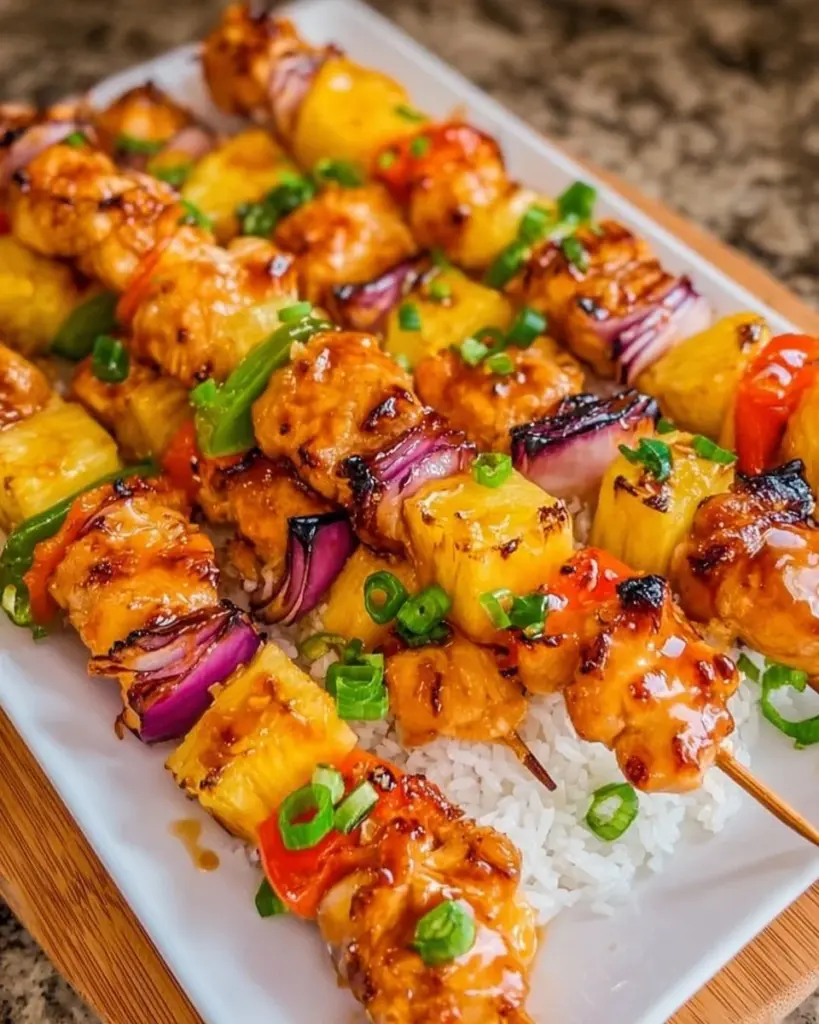Delicious Hawaiian Chicken Kabobs with colorful vegetables on skewers