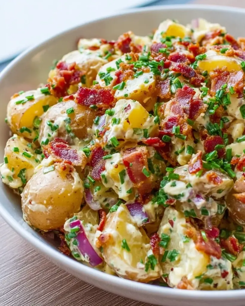 Homemade potato salad with crispy bacon and fresh herbs served in a bowl