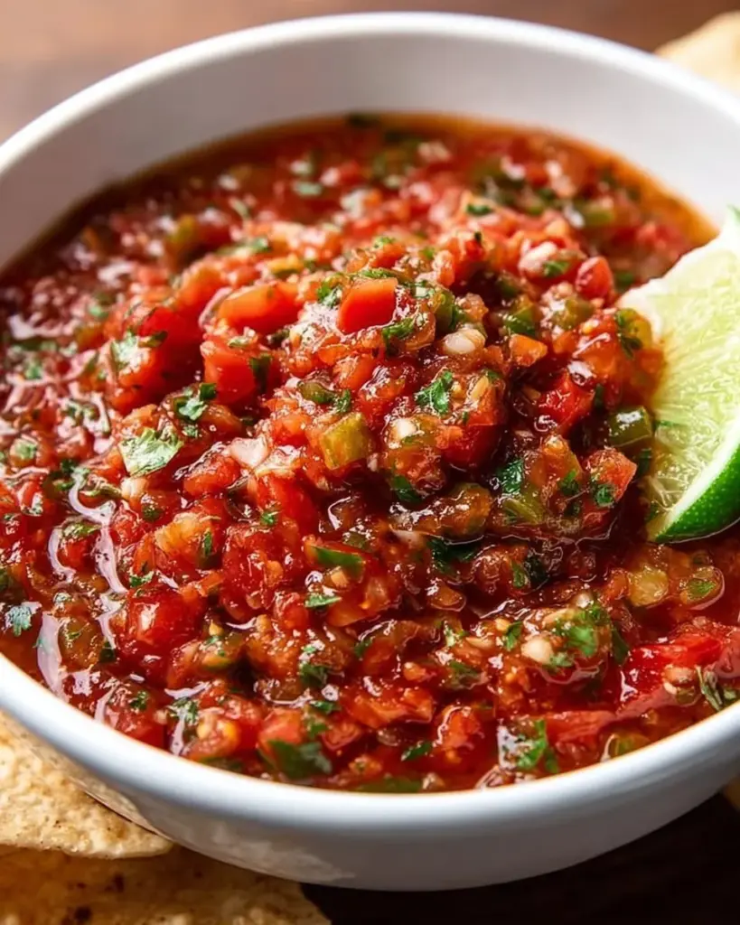 Bowl of fresh homemade salsa made with tomatoes, onions, and cilantro.