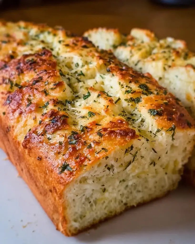 Homemade Italian herb cheese bread with a golden crust and fresh herbs
