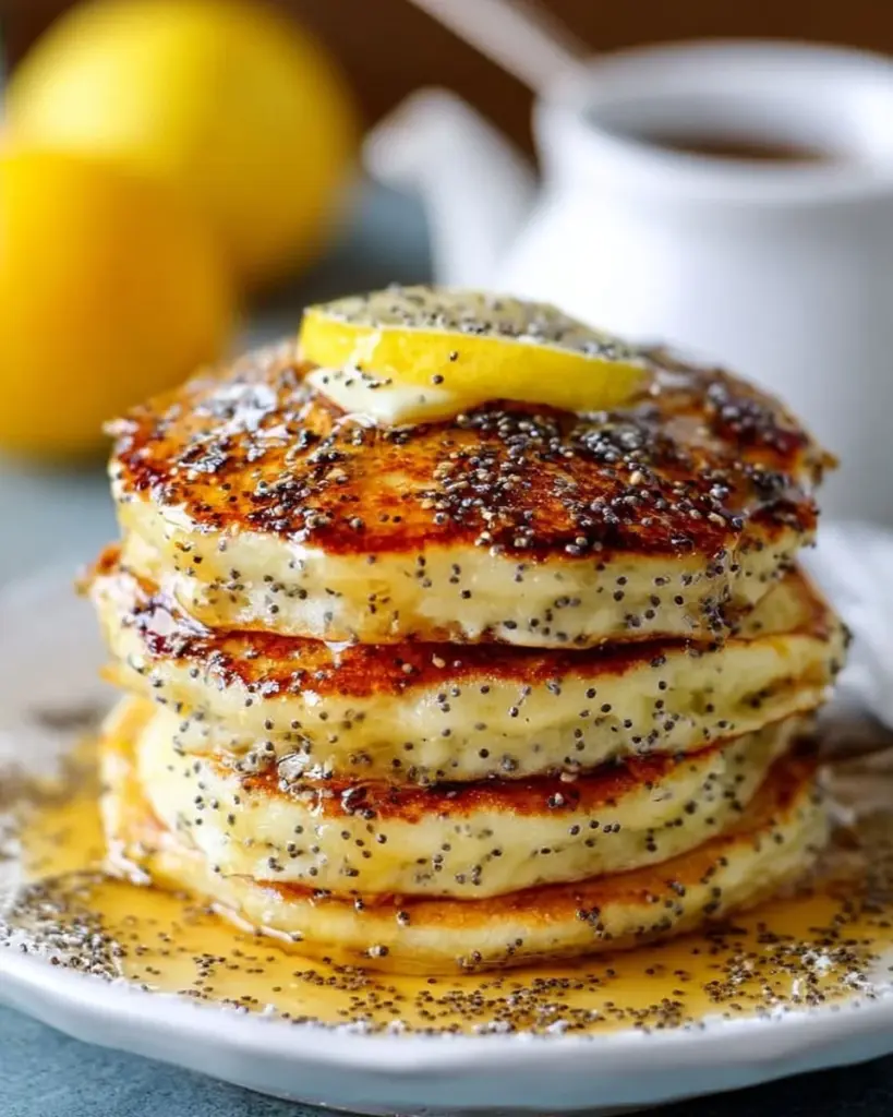 Fluffy lemon poppy seed pancakes stacked with a lemon slice on top.