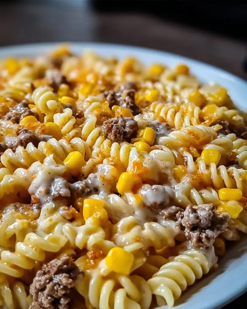 Loaded Cheddar Ranch Beef Bake with sweet corn and rotini pasta dish