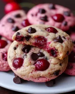 Maraschino Cherry Chocolate Chip Cookies stacked on a plate