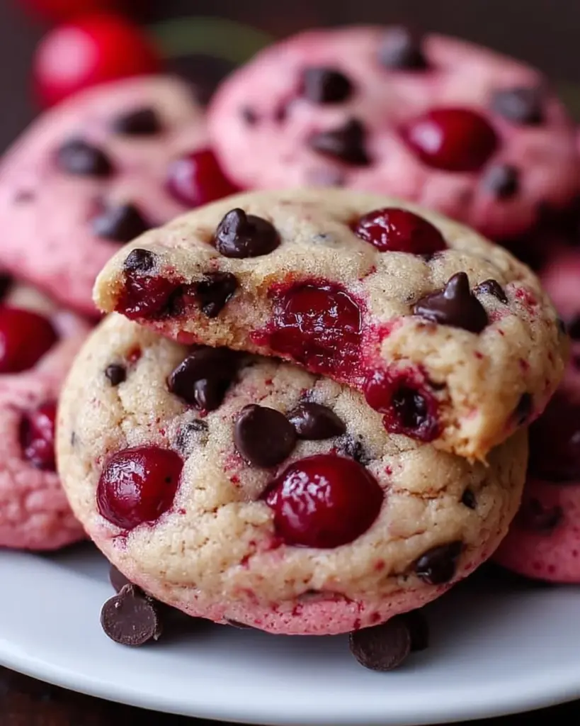 Maraschino Cherry Chocolate Chip Cookies stacked on a plate
