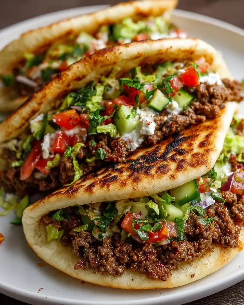 Mediterranean ground beef pita pockets filled with fresh ingredients