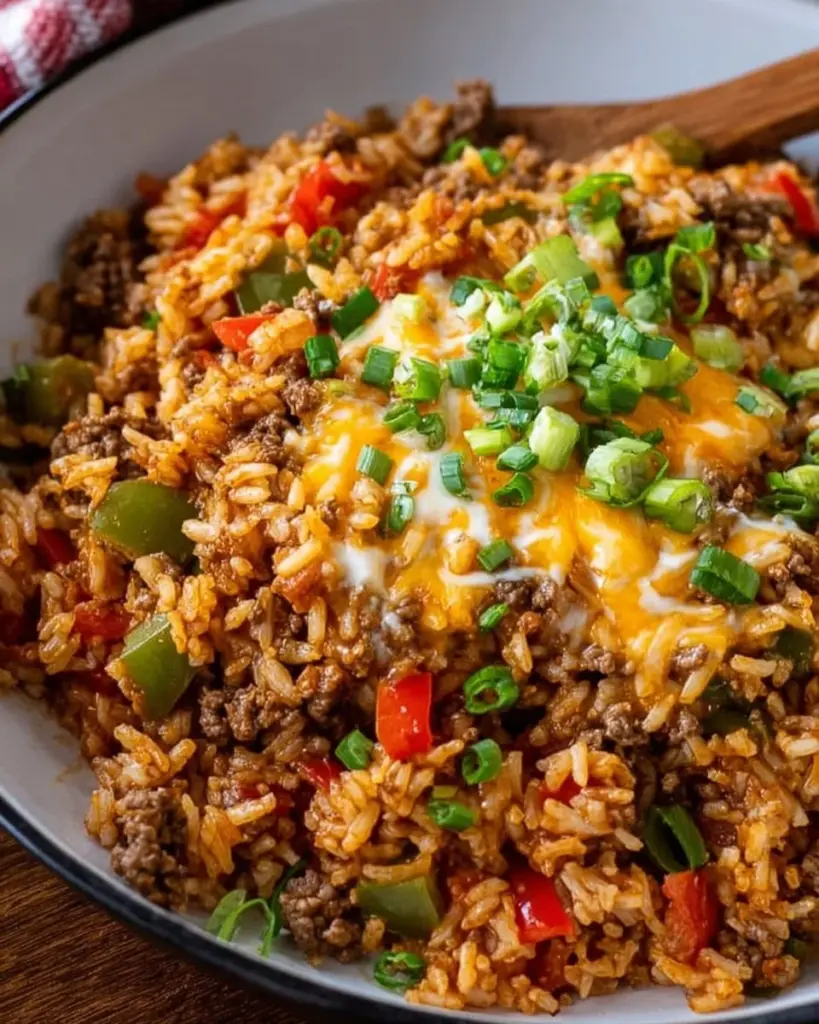 One Pot Cheesy Cajun Beef Rice in a serving dish, garnished and ready to eat.