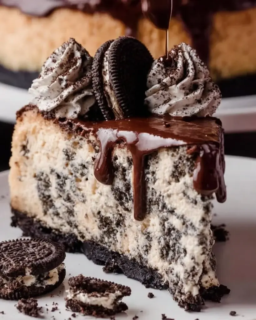 Delicious Oreo Cheesecake topped with crushed Oreos and whipped cream.