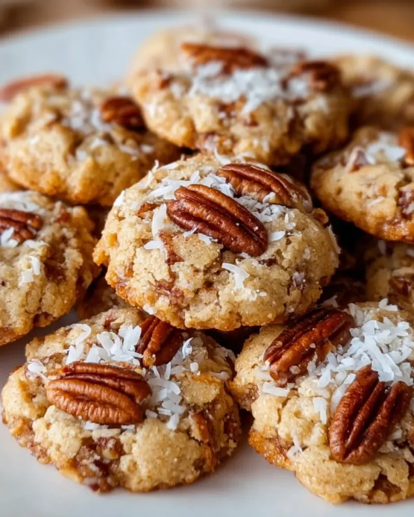 Freshly baked pecan cookies on a plate with pecans scattered around