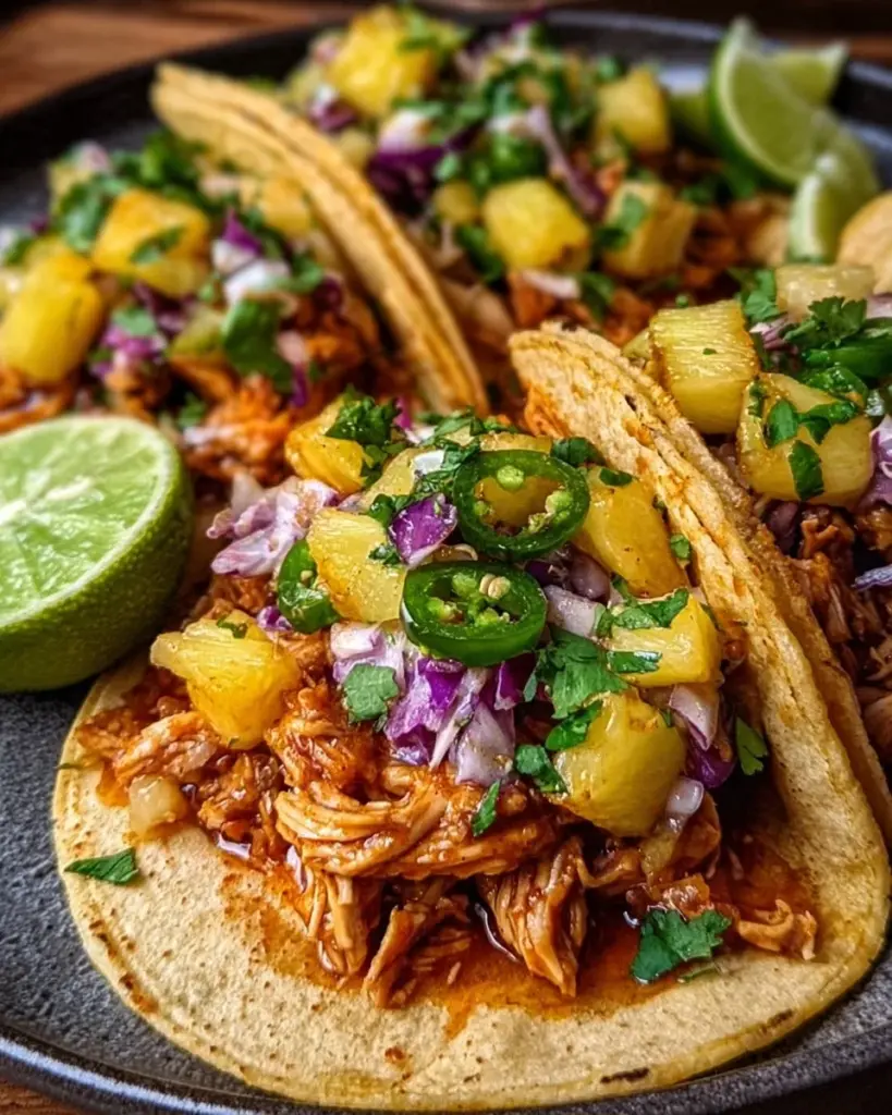 Delicious Pineapple Chicken Tacos garnished with fresh ingredients