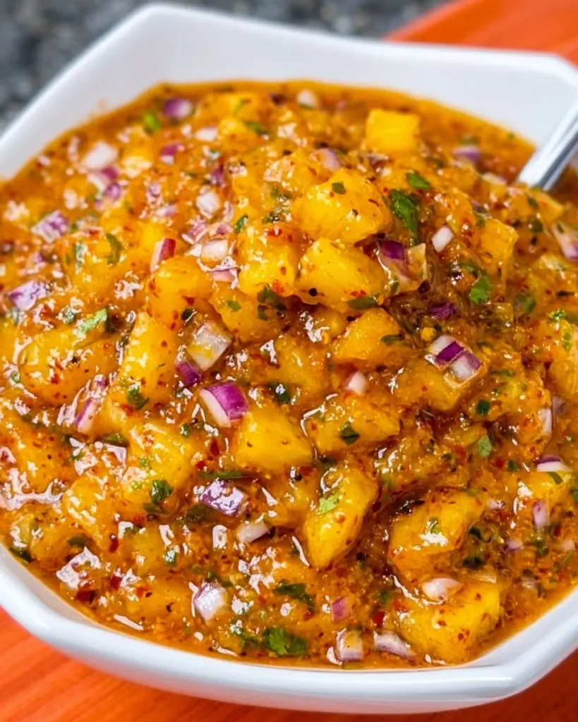 Bowl of vibrant Pineapple Chipotle Salsa with fresh ingredients