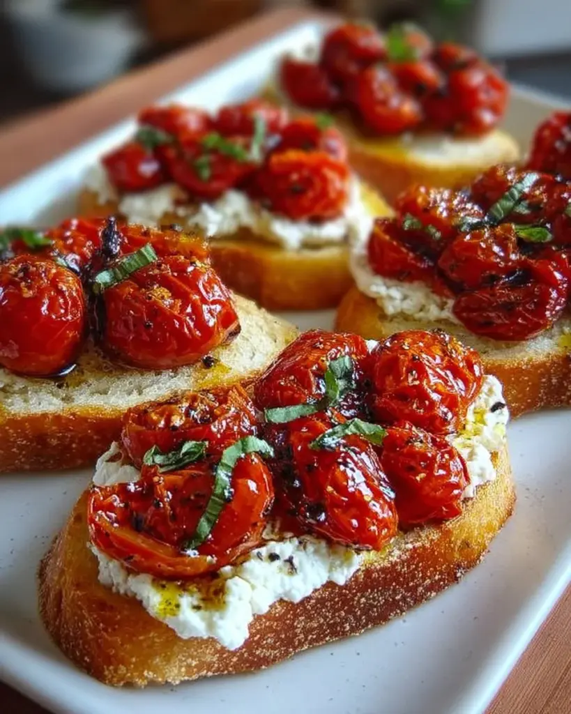 Delicious ricotta bruschetta topped with roasted tomatoes on a wooden board