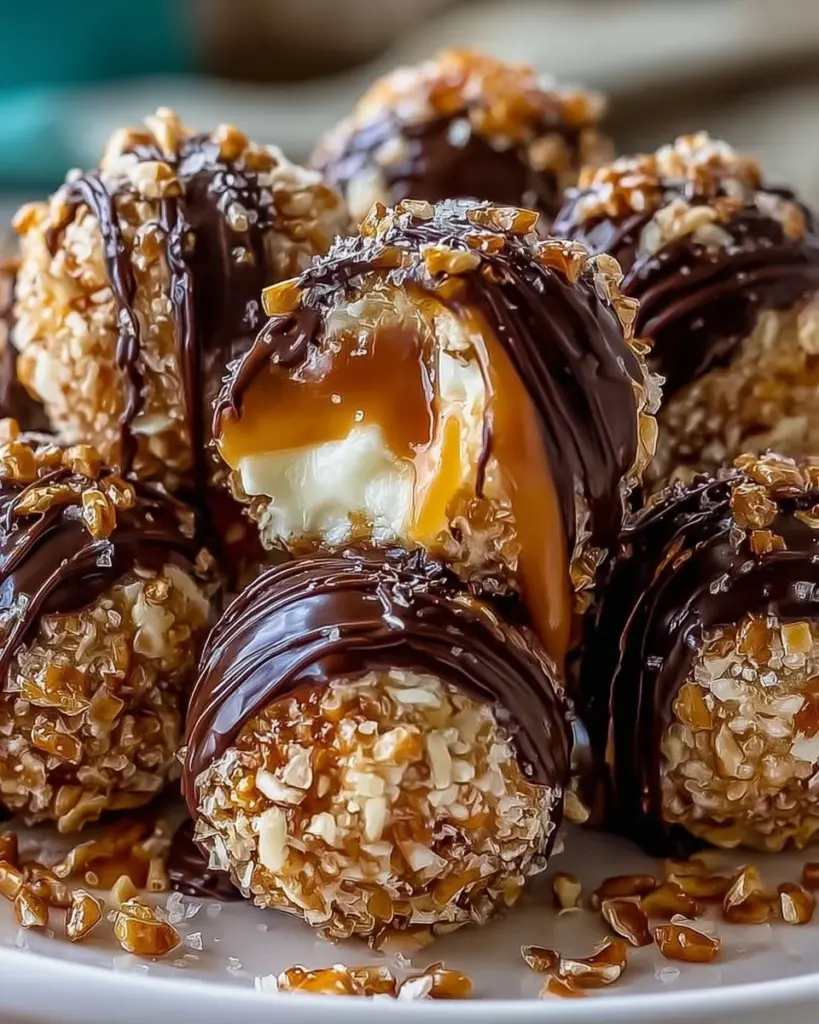 Delicious salted caramel pretzel cheesecake balls on a serving plate