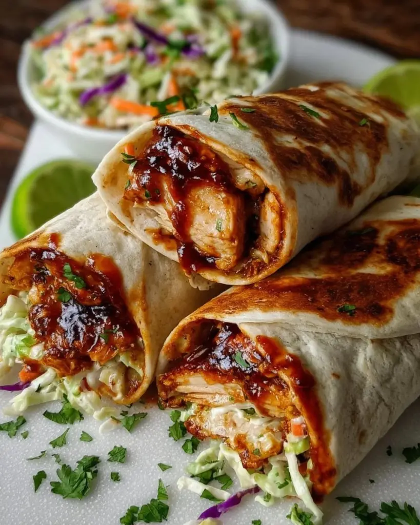 Savory BBQ chicken wraps with crunchy coleslaw served on a plate