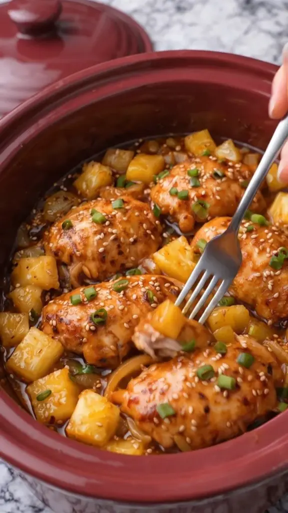 Delicious slow cooker brown sugar pineapple chicken served on a plate.