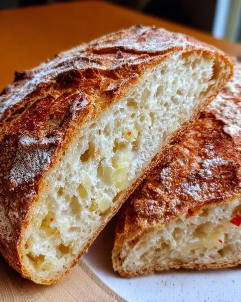 Freshly baked sourdough potato chunk bread with crispy crust and soft interior