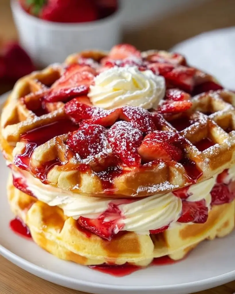 Delicious strawberry cheesecake stuffed waffles on a plate