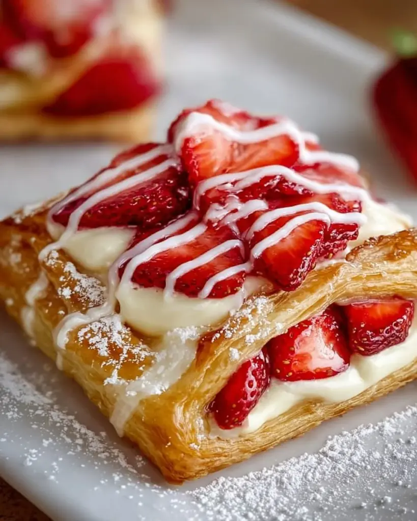 Freshly baked Strawberry Danish pastry with vibrant strawberry filling