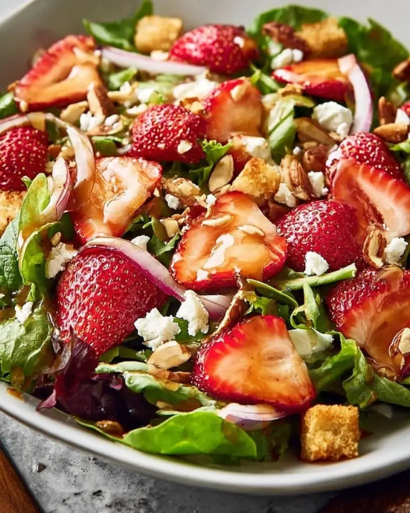 Fresh strawberry salad with greens and dressing on a plate.