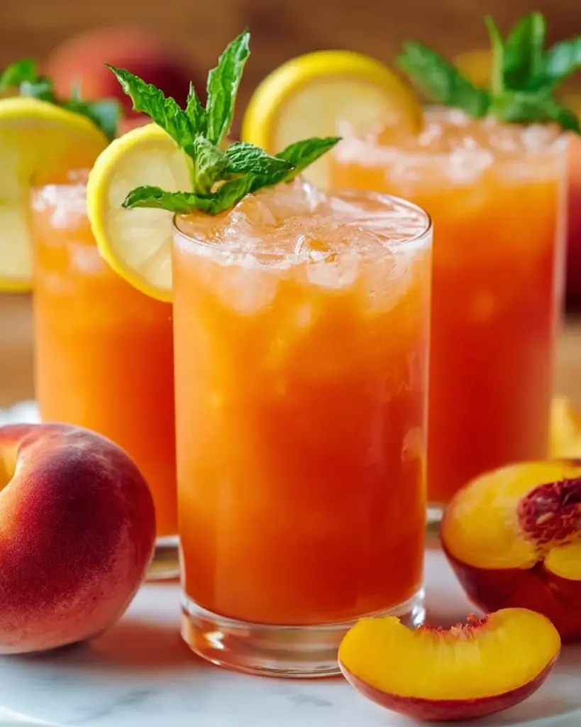 Refreshing Sweet Peach Lemonade in a glass with fresh peaches and mint