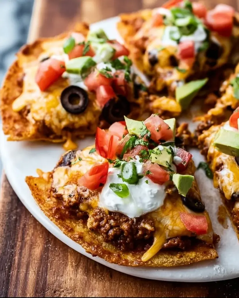 Delicious homemade Taco Bell copycat Mexican pizza loaded with toppings