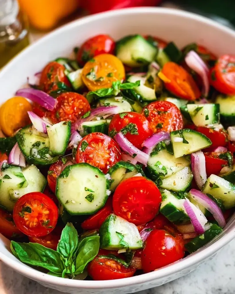 Fresh tomato cucumber salad with herbs and vinaigrette dressing