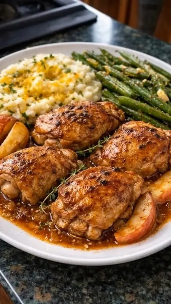 Delicious apple cider glazed chicken thighs garnished with herbs