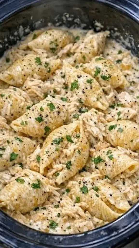 A plate of creamy garlic parmesan chicken shells served with a fresh garnish.