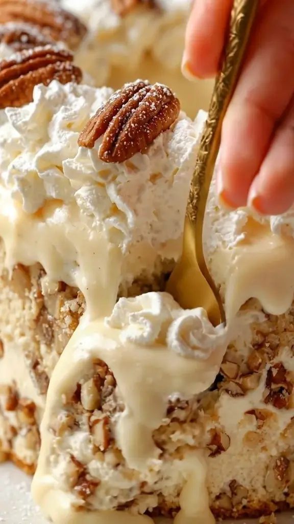 Delicious Butter Pecan Three Milks dessert topped with nuts and cream.