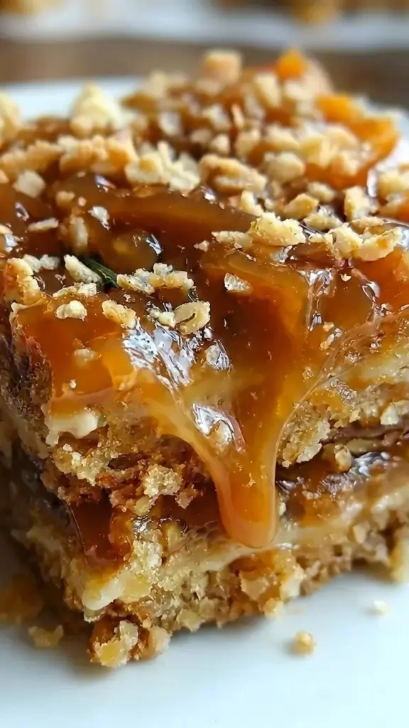 Delicious homemade Caramel Crunch Bars with caramel drizzles and crunchy toppings.