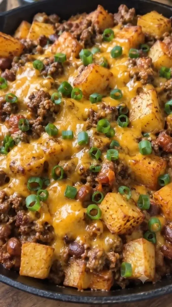 Delicious Chili Cheese Potato Skillet topped with melted cheese and chili