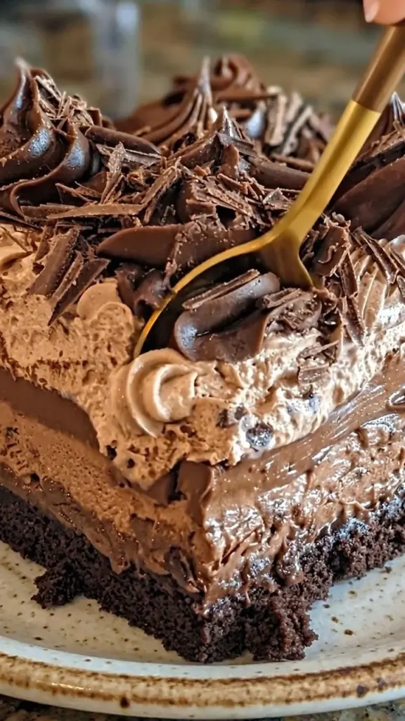 Decadent Chocolate Mousse Brownie Cake with rich chocolate layers