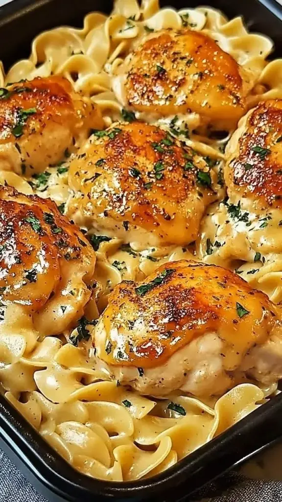 Creamy Garlic Parmesan Chicken served with pasta in a bowl
