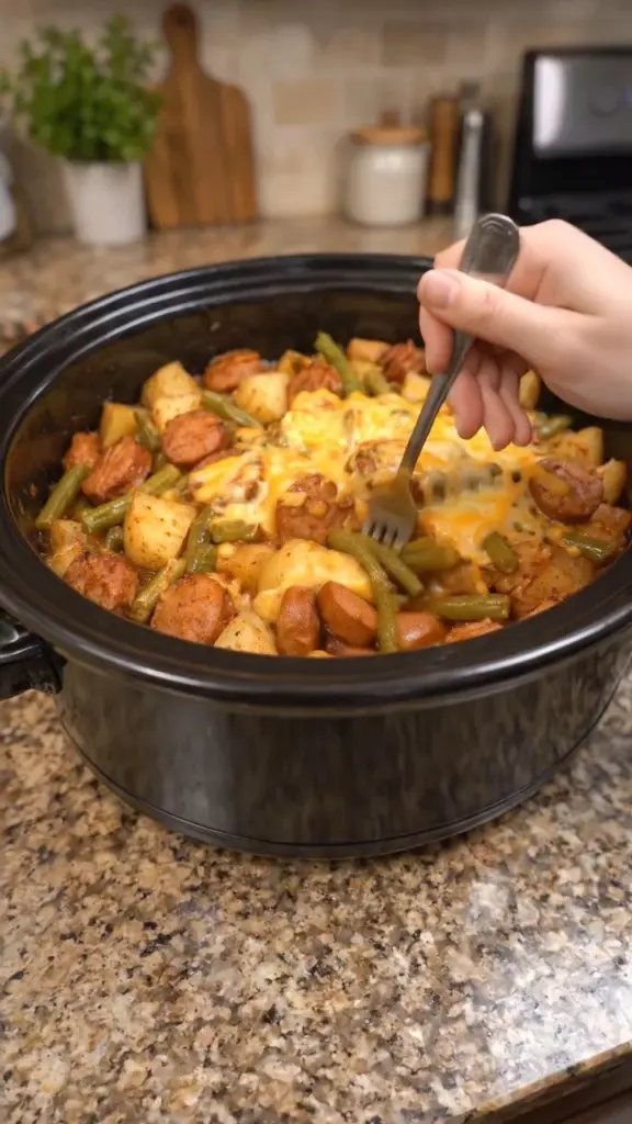 Crockpot Smoky Sausage Potato Green Bean Bake dish with vibrant ingredients