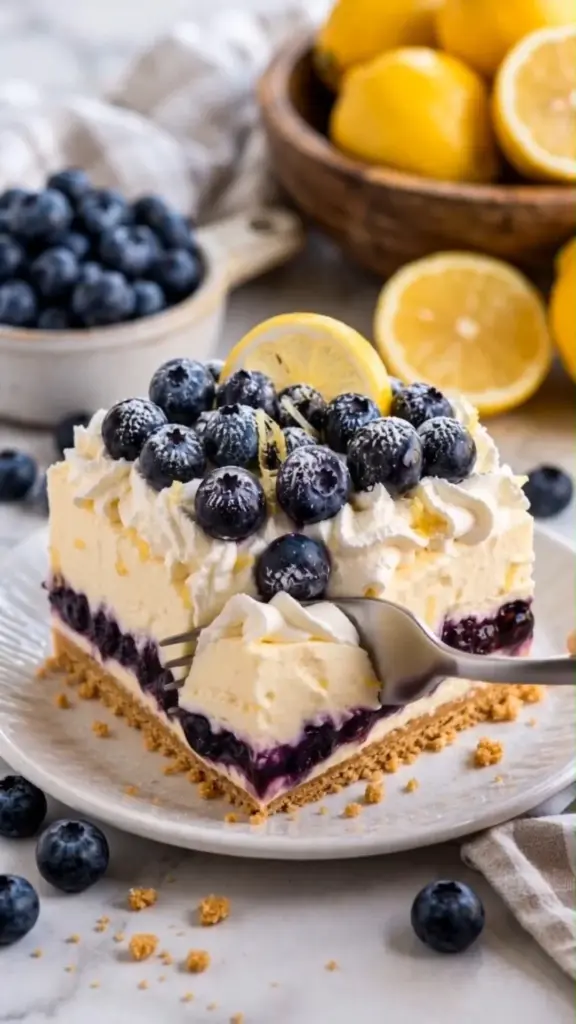 Delicious Lemon Blueberry Layered Delight dessert with blueberries and lemon zest