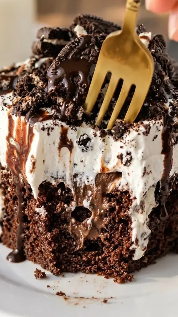 Delicious Oreo Poke Cake topped with crushed Oreos and creamy filling