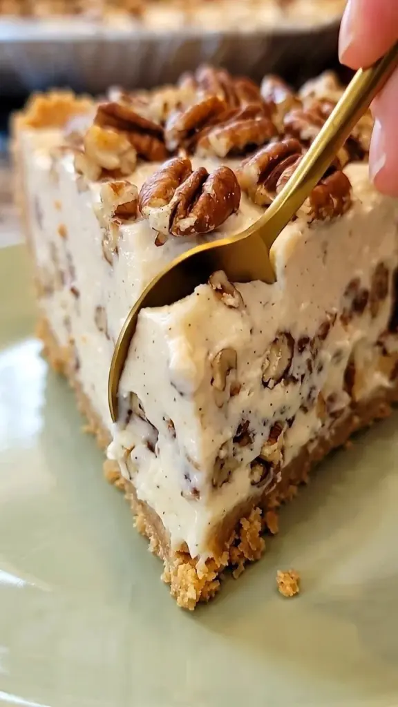 Delicious Pecan Cream Pie topped with pecans and whipped cream.