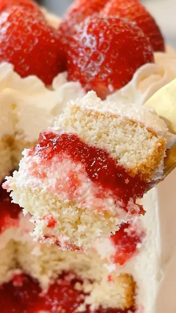 Delicious Strawberry Vanilla Cake topped with fresh strawberries and cream